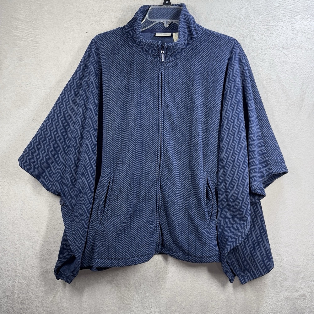 LL Bean Womens Fleece Poncho Chevron Pattern Full Zip Jacket Size L Blue 284051